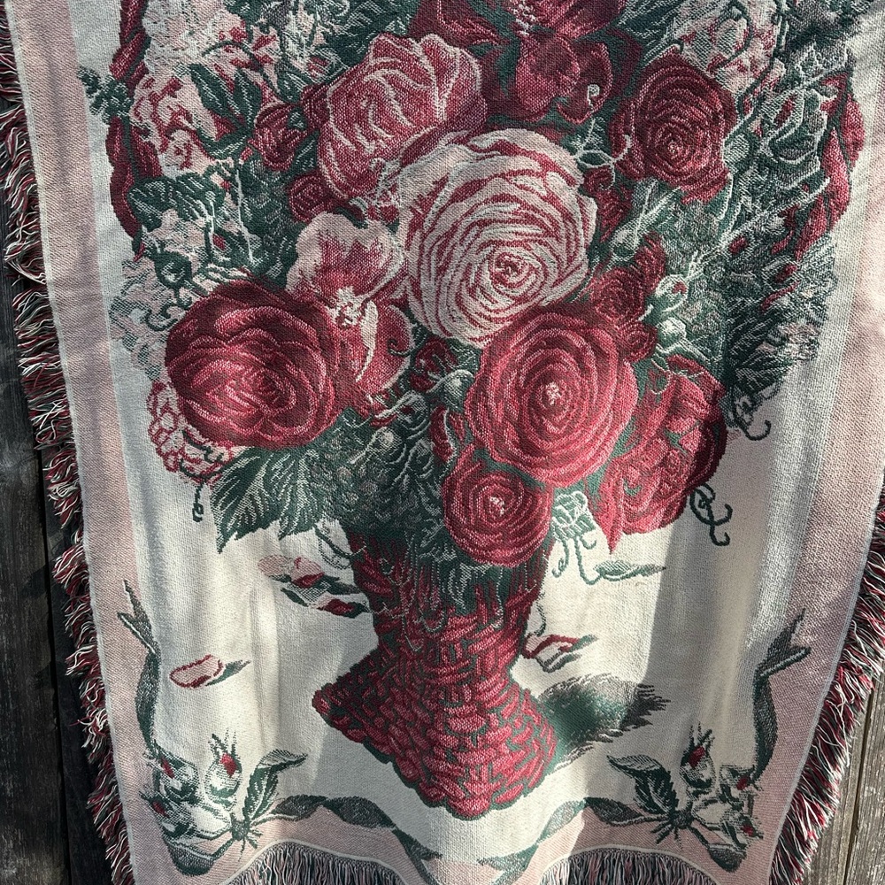 Vintage Floral Woven Throw Blanket Rose Basket 1994